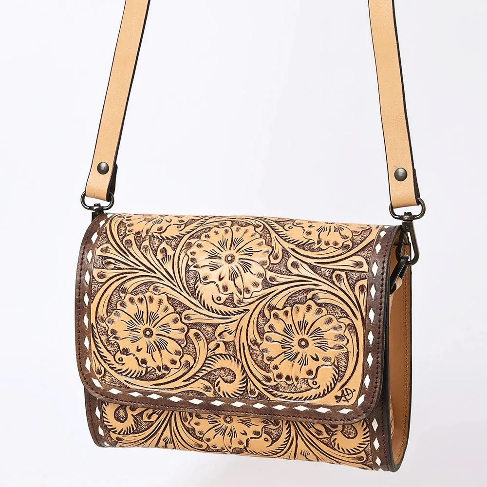American Darling Leather Hand tooled Flap Over Crossbody Handbag