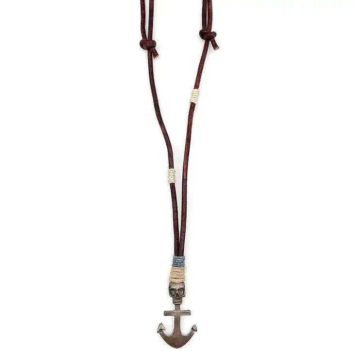 Skull Topped Anchor Leather Necklace