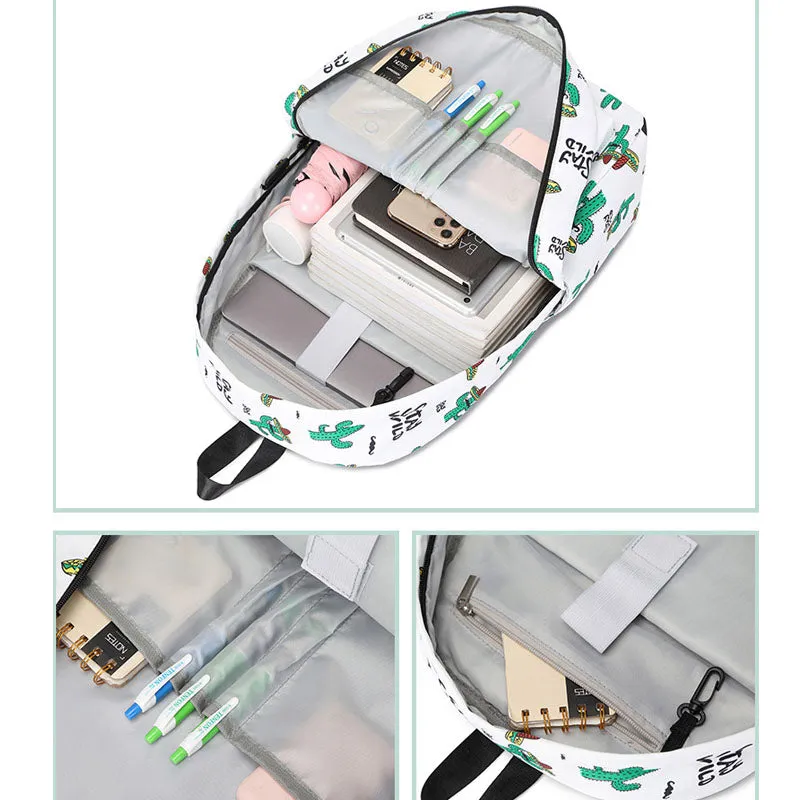 Waterproof Backpack Lightweight Cactus Printing Backbag School Student Book Bag